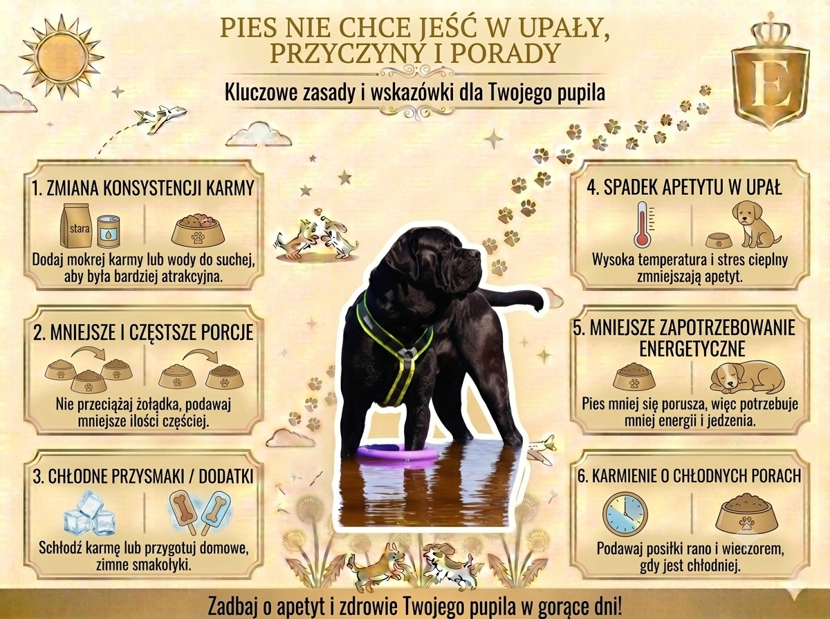Infografika przedstawiająca porady dla opiekunów, których pies nie chce jeść w upały. Omawia zmianę konsystencji karmy, podawanie mniejszych i częstszych porcji, chłodne przysmaki, spadek apetytu podczas wysokich temperatur, mniejsze zapotrzebowanie energetyczne oraz karmienie psa rano i wieczorem.